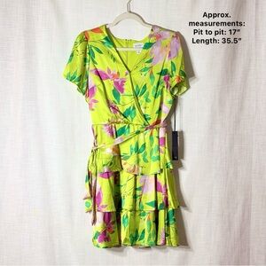 Nicole Miller Lime Green Floral Faux Wrap Tie Waist Tiered Dress M NWT Tropical